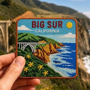 Patch bordado termocolante de Big Sur, Califórnia, 7,6 cm (3 polegadas), lembrança de viagem costeira para chapéu, mochila, jaqueta, colete, presente da Costa do Pacífico.