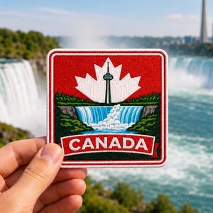 Peut inclure: Un écusson brodé carré présentant une silhouette de feuille d'érable rouge, une représentation de la tour CN et un graphique de cascade. Le mot CANADA est imprimé en lettres capitales blanches sur une bannière rouge en bas du motif.