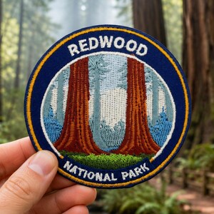 Patch bordado do Parque Nacional Redwood: distintivo de lembrança da floresta de 7,6 cm (3 polegadas) para aplicação com ferro de passar.