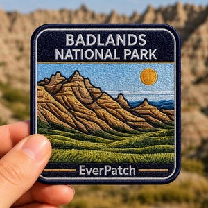 May include: A square embroidered patch featuring a landscape of Badlands National Park with tan rock formations, green grass, and a yellow sun in a blue sky. The text reads BADLANDS NATIONAL PARK at the top and EverPatch at the bottom.