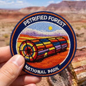 May include: A circular embroidered patch featuring a colorful cross-section of a petrified log with red, yellow, blue, and white segments. The text PETRIFIED FOREST NATIONAL PARK is stitched in white along the dark blue border of the patch.