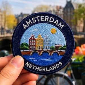 Amsterdam Patch Iron On Embroidered 3 Inch Netherlands Canal Travel Souvenir Badge for Hat, Backpack Jacket, Vest, Europe Gift