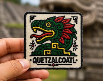 Embroidered Quetzalcoatl Patch, Aztec Feathered Serpent Iron-On, Mexican Mythology Jacket Backpack Badge
