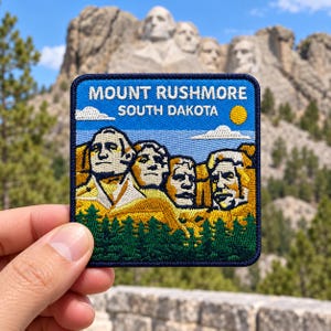 May include: A square embroidered patch featuring the Mount Rushmore National Memorial in South Dakota. The design depicts the four presidential faces in yellow and white thread above a dark green forest, set against a blue sky with a yellow sun.