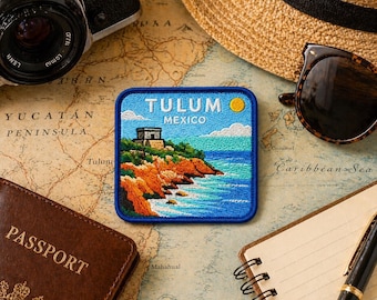 Tulum Mexiko Patch, 3-Zoll-Eisen auf gestickten Maya-Ruinen Küsten Souvenir Abzeichen für Hut Rucksack Jacke Weste, Reisegeschenk
