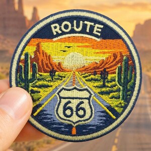 Route 66 Patch – 3 Inch Iron-On Embroidered Desert Highway Travel Souvenir Badge