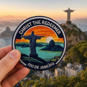 Può includere: Una toppa rotonda ricamata raffigurante il Cristo Redentore a Rio de Janeiro. La toppa ha un bordo blu con il testo "CHRIST THE REDEEMER" e "RIO DE JANEIRO". L'immagine mostra la statua sullo sfondo di un tramonto arancione e blu.