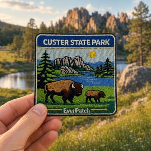 May include: Embroidered patch featuring a bison and calf in a landscape with mountains, water, and trees. The patch reads "Custer State Park" and "Ever Patch" in white text on a blue and green background.