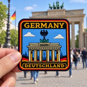 May include: A square embroidered patch featuring the Brandenburg Gate in tan, a black eagle emblem, and two white clouds against a light blue sky. The word GERMANY is stitched in yellow at the top, and DEUTSCHLAND is at the bottom, bordered by black, red, and gold stripes.