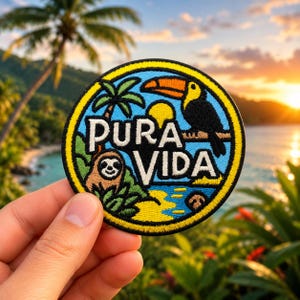 Pura Vida Patch, 3 Inch Iron On Embroidered Costa Rica Tropical Travel Souvenir Badge for Hat Backpack Jacket Vest, Vacation Gift