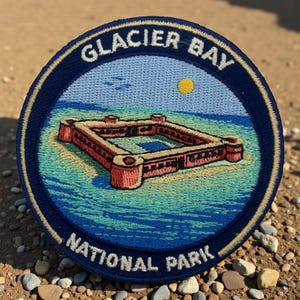 Könnte beinhalten: Gestickter Aufnäher mit einer Ansicht des Glacier Bay National Park. Der Aufnäher hat einen blauen Rand mit dem Text "GLACIER BAY NATIONAL PARK". Die Mitte zeigt eine quadratische Struktur im Wasser, mit blauem Himmel und gelber Sonne.
