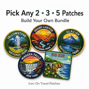 May include: A collection of five embroidered iron-on travel patches featuring national park and landmark designs. The patches include Yellowstone, Grand Canyon, Glacier, Niagara Falls, and Big Sur. Each patch has a detailed design with vibrant colors and text.