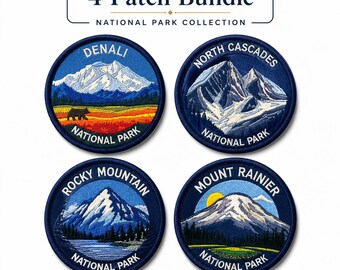 National Park Patches Set – Denali, Rocky Mountain, North Cascades, Mount Rainier Iron-On (3 Inch)