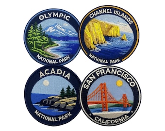 National Park Patch Set 4 Pack, Olympic Acadia Channel Islands San Francisco Patches, 3 Inch Iron On Embroidered Travel Backpack Bundle
