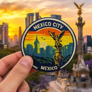Op de afbeelding: Een ronde geborduurde patch met een kleurrijke afbeelding van de skyline van Mexico City en het monument van de Engel van de Onafhankelijkheid. De patch heeft een marineblauwe rand met de woorden "MEXICO CITY" en "MEXICO".