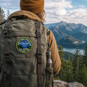 May include: A person wearing a brown beanie and jacket with a green backpack. The backpack has a patch that says "Great Smoky Mountains National Park". A stainless steel water bottle is in the side pocket. The background shows a mountain range and trees.