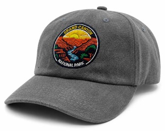 Grand Canyon National Park Embroidered Patch Dad Hat, Vintage Washed Gray Travel Cap