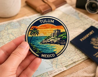 Tulum Mexico Embroidered Patch, Coastal Ruins Beach Sunset Badge (3 Inch)