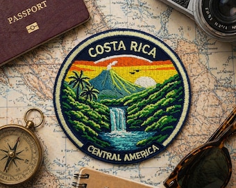 Costa Rica Volcano Waterfall Patch: 3 Inch Embroidered Travel Souvenir Badge