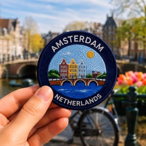 Amsterdam Patch Iron On Embroidered 3 Inch Netherlands Canal Travel Souvenir Badge for Hat, Backpack Jacket, Vest, Europe Gift