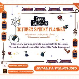 以下が含まれることがあります： オレンジと黒を基調としたハロウィーンをテーマにしたプランナー。デザインにはカボチャ、クモ、テキスト「Happy Halloween!」と「October Spooky Planner」が含まれています。プランナーはインタラクティブなPDFです。