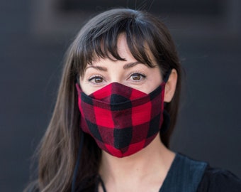 Cozy Flannel Face Masks - Tartan plaid christmas face mask, black and white Buffalo check plaid holiday face mask - winter face mask