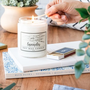 Soothing Lavender Essential Oil Candle: Handcrafted Soy Wax Candle with Botanical Design - Rustic Farmhouse Decor Bright and Airy Gift ideas