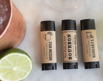 Funny Stocking Stuffers for Men - Bourbon, Moscow Mule and Margarita lip balms chapstick handmade gift for dad son brother husband grandpa