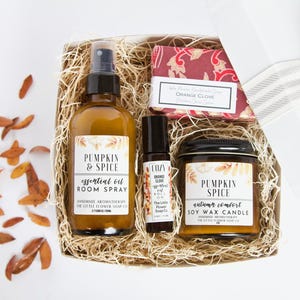 May include: A gift box containing a 3.7 fluid ounce amber glass bottle of Pumpkin & Spice essential oil room spray, a small amber glass roll-on bottle of Cozy Orange Clove essential oil, and a jar of Pumpkin Spice soy wax candle with a bar of soap.