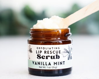 Vanilla-Mint Lip Rescue Exfoliating Lip Scrub 1oz Jar - all natural, exfoliating lip mask, lip rescue sugar scrub, handmade lip scrub