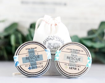 Travel Set - Little Flower Soap Co On-the-go, muscle rescue balm and skin rescue balm tins in a linen drawstring bag bath and beauty