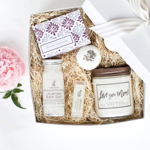 Gift Basket for Mom - Relaxation gifts for women Personalized Luxury Lavender Gift box - spa gift box mom, gifts, home spa day, self care
