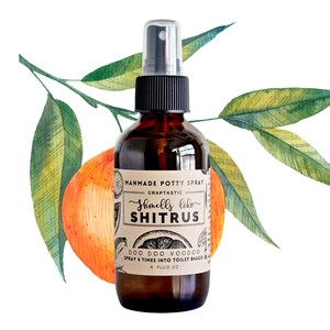 May include: A brown glass bottle of "Manmade Potty Spray" with a black spray nozzle. The label reads "Shmells like SHITRUS" and "DOO DOO VOODOO". The bottle is 4 fluid ounces and is set against a watercolor orange and green leaves.