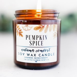 May include: A brown glass jar candle with a white label that reads "PUMPKIN SPICE autumn comfort SOY WAX CANDLE HANDMADE AROMATHERAPY THE LITTLE FLOWER SOAP CO 4 oz."