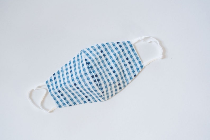 May include: A blue and white gingham face mask with white elastic straps.