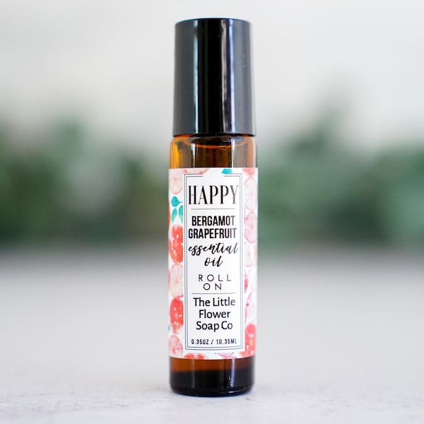 HAPPY - Bergamot Grapefruit Natural Essential Oil perfume roll on, aromatherapy blend, handmade perfume, perfect gift for mom