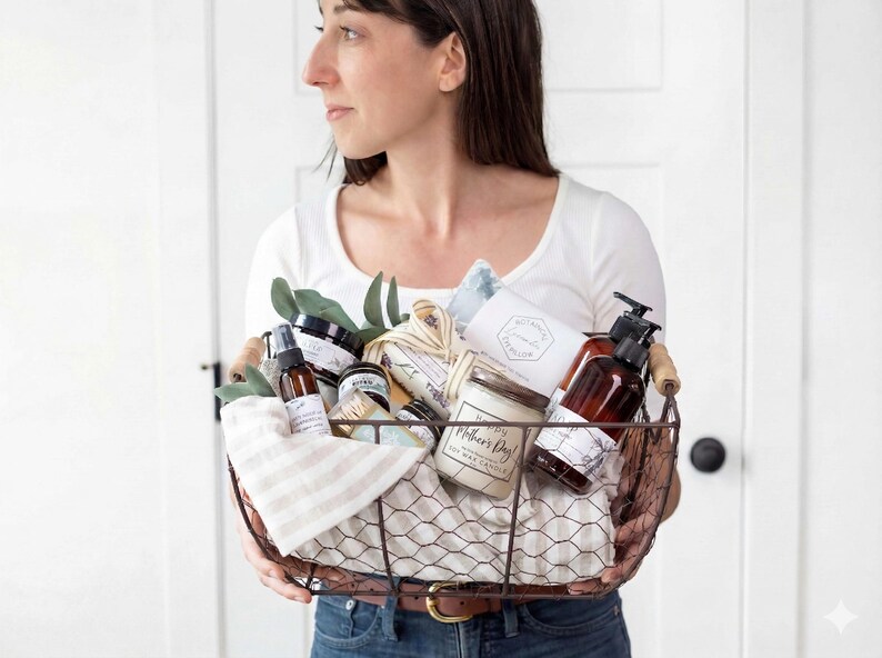Puede incluir: Una cesta de alambre llena de productos de cuidado personal, incluyendo una vela, loci&oacute;n y botellas de spray. La cesta est&aacute; forrada con una tela a rayas y vegetaci&oacute;n. Los productos est&aacute;n en envases marrones y blancos. La cesta tiene un asa de madera.