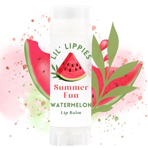 May include: A watermelon-scented lip balm tube with a white background and a watermelon illustration. The tube has the text "Lil' Lippies Summer Fun Watermelon Lip Balm" printed on it.
