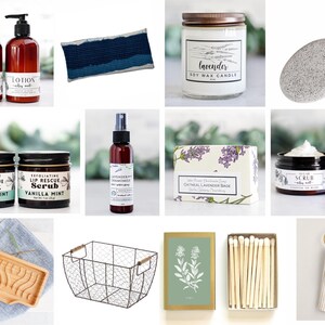 Cesta de regalo de spa para el Día de la Madre: regalo de cuidado personal hecho a mano para mamá, set de baño y cuidado corporal natural, regalo relajante en cesta de alambre. imagen 2