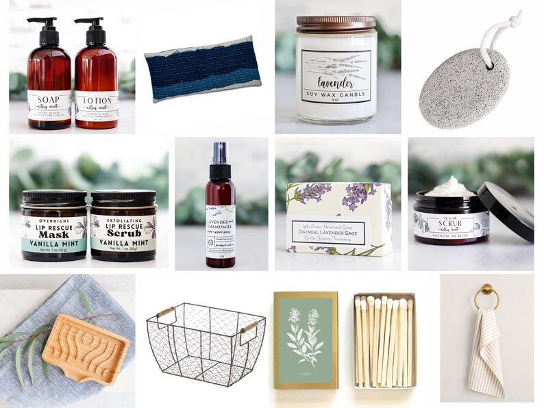 Cesta de regalo de spa para el Día de la Madre: regalo de cuidado personal hecho a mano para mamá, set de baño y cuidado corporal natural, regalo relajante en cesta de alambre. imagen 2