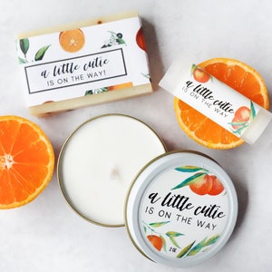 A Little Cutie is on the way - Clementine baby shower announcement party favors clementine orange theme candle, soap, chapstick gifts