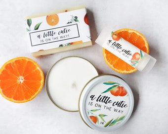 A Little Cutie is on the way - Clementine baby shower announcement party favors clementine orange theme candle, soap, chapstick gifts