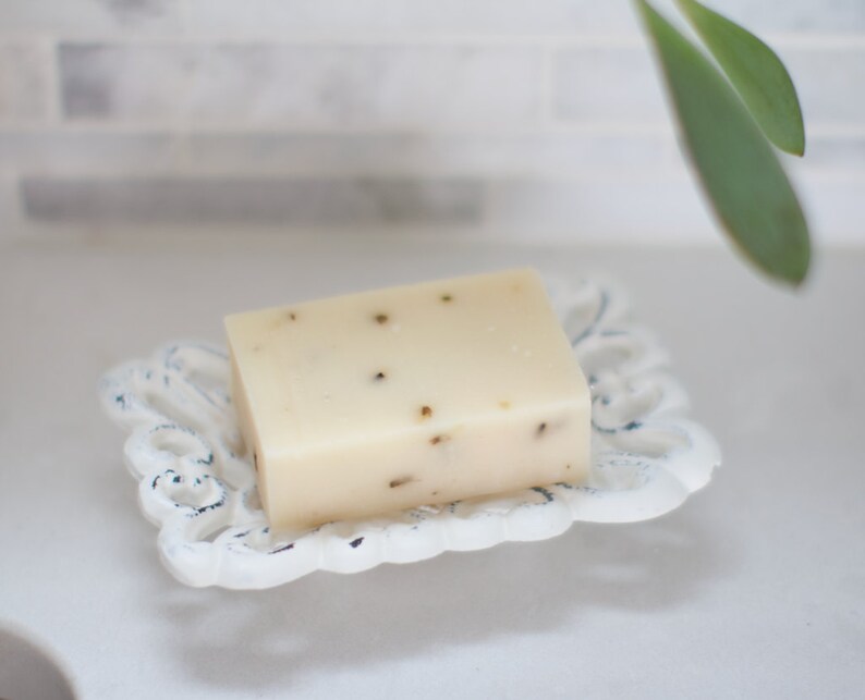 May include: A white bar of soap with flecks of herbs in a white ceramic soap dish.