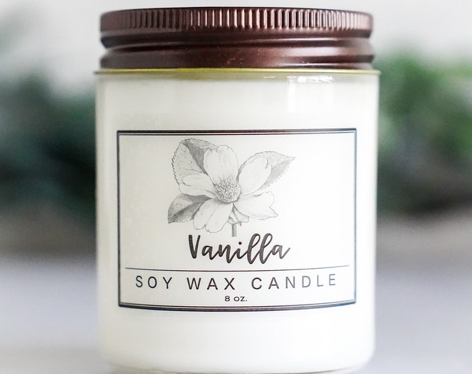 Vanilla Candle 8oz - Natural Soy Wax Candle, Hand poured, aromatherapy candle for her, handmade candle, essential oil candle, gift for her