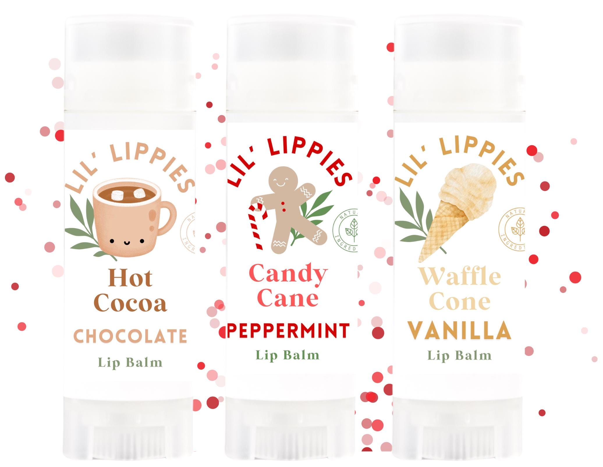 Set of 3 Lip Balms gifts for kids- The Christmas Ones - Candy Cane, Hot Cocoa, Vanilla - Stocking Stuffers, teens, tween girls unique fun