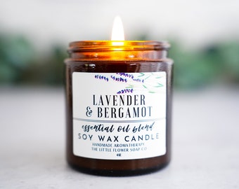 Handmade Candle Soy, Lavender Bergamot Essential oil soy wax candles - natural scented candles,  Aromatherapy candle, farmhouse decor custom
