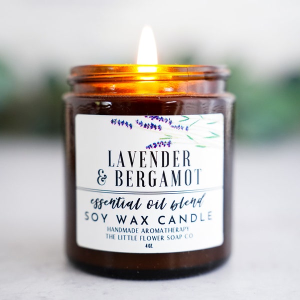 Handmade Candle Soy, Lavender Bergamot Essential oil soy wax candles - natural scented candles,  Aromatherapy candle, farmhouse decor custom