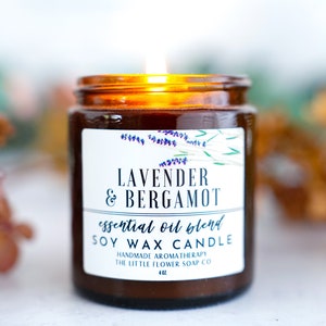 Handmade Candle Soy, Lavender Bergamot Essential oil soy wax candles - natural scented candles,  Aromatherapy candle, farmhouse decor custom