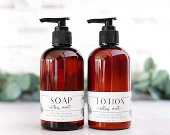 SET of Hand Soap & Lotion - Citrus Mint, 8oz bottles, Scented Lotion, All Natural, Body Butter, Moisturizing Soap, Castile Liquid Soap