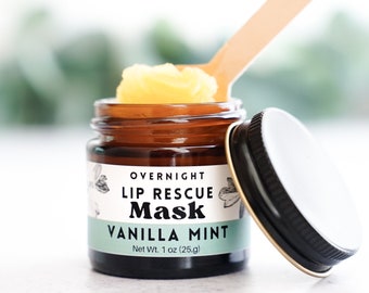 Mascarilla de noche Lip Rescue (frasco de 1 oz) - Vainilla y menta - mascarilla hidratante para labios totalmente natural, mascarilla de rescate para labios
